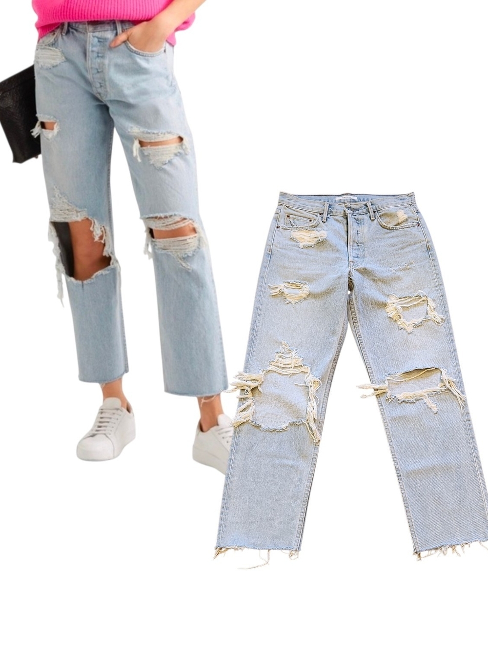 GRLFRND Helena High Rise Button Fly Brass Monkey Destroyed Straight Leg Jeans 25